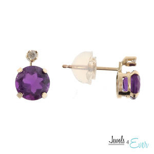 10K Gold Genuine Amethyst & Diamond Stud Earrings